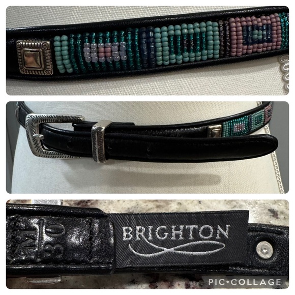 Brighton Black Leather Belt Silver Buckle Aztec Bead Square Design Pink Teal Med - Picture 1 of 11